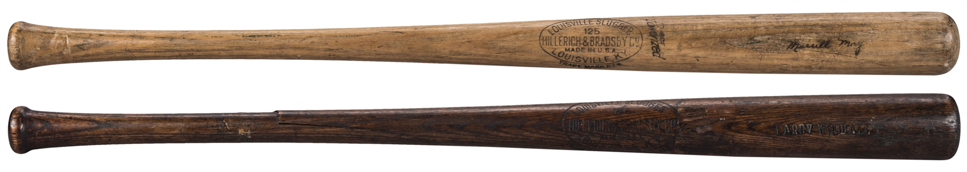 Lot of (2) Game Used Hillerich & Bradsby Pre-Model Bats Including Larry Woodall and Merrill May (PSA/DNA)
